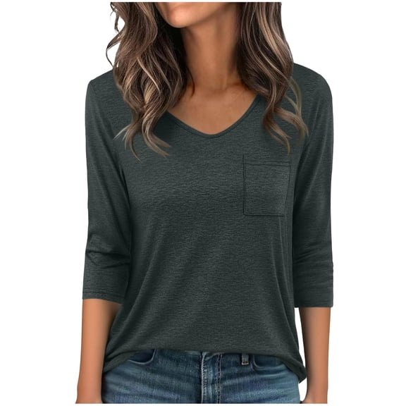 Yievot Short Sleeve T Shirts for Women Cute 3/4 Sleeve V Neck Shirts Summer Casual Pocket Tee Tops