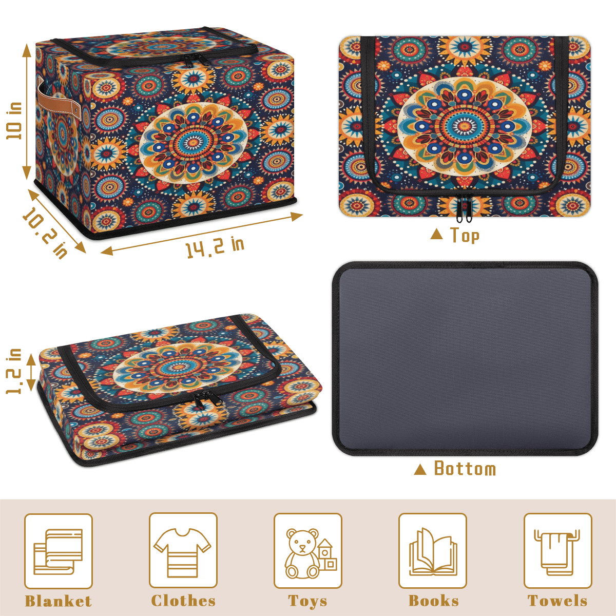 ADECORIVY Tribals Flower Circle Mandala Fabric Storage Bin with Lid, Decorative Closet Shelf Organizers, Foldable Basket Box Clothes Storage Bin with Handles