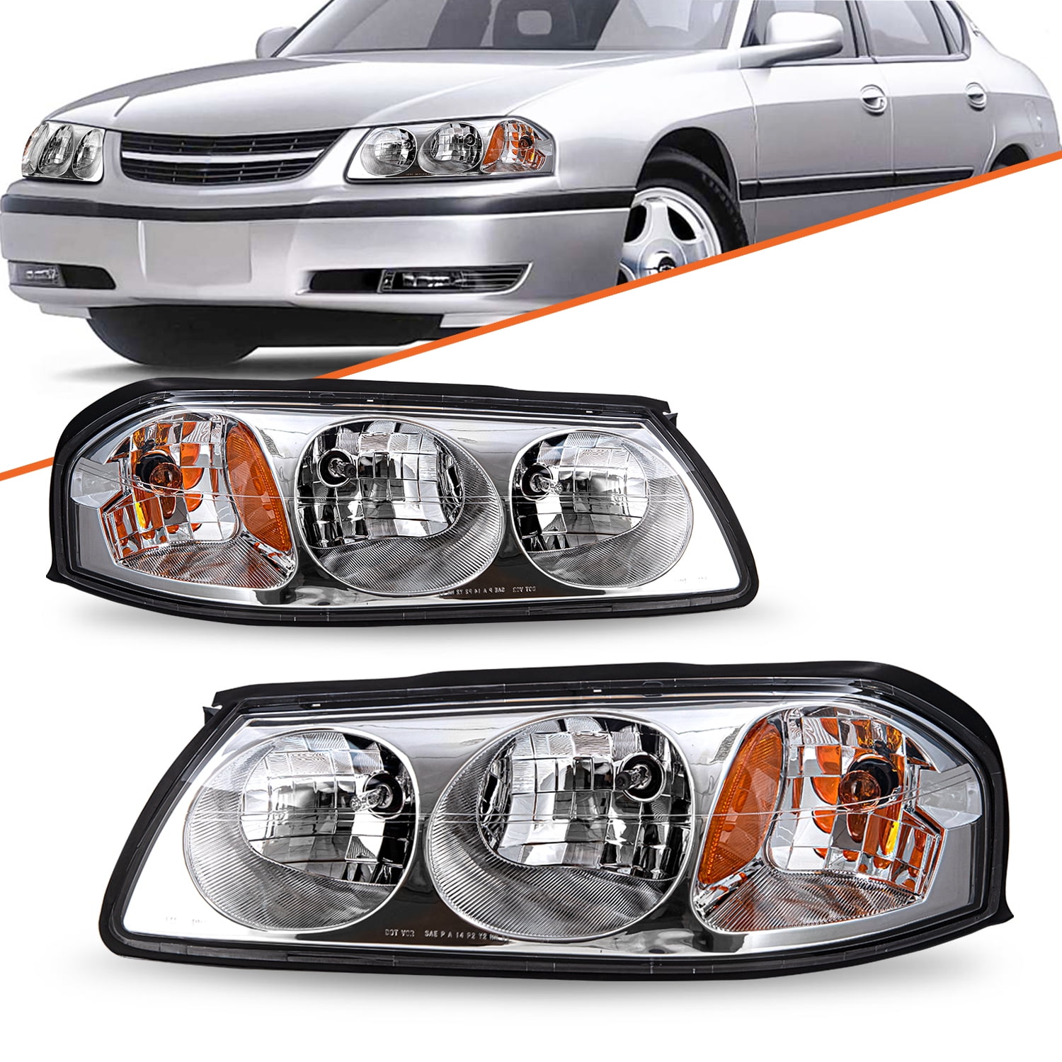 Bryght Impala Chrome Headlights 100w, Amber Halogen Headlights Bulb fits 2000-2005 Chevy Impala
