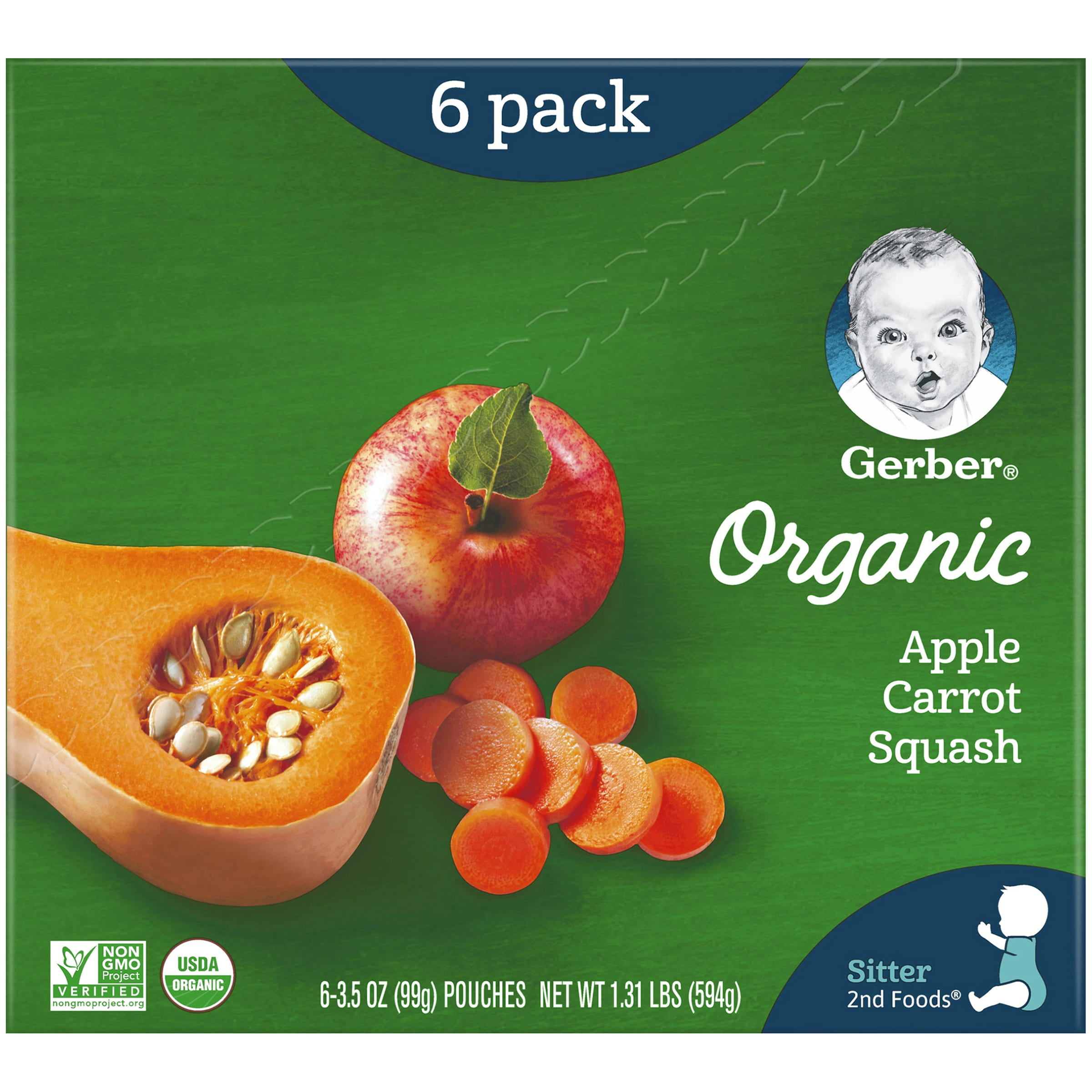 Gerber 2nd Foods Organic for Baby, Apple Carrot Squash, 3.5 oz Pouch (6 Pack)