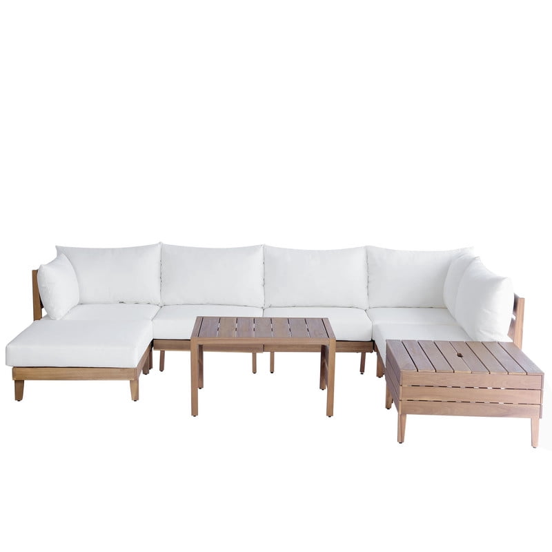 8-Piece Patio Furniture Set with Coffee Table, Outdoor U-Shaped Sectional Sofa Set with Storage Tea Table, Acacia Wood Conversation Set with Ottoman