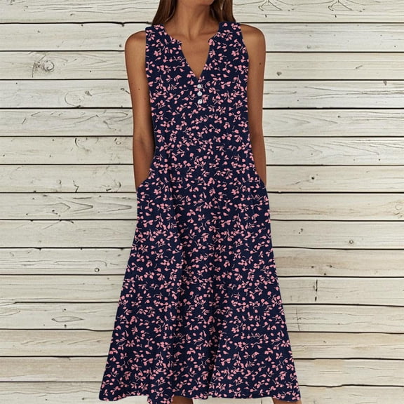 Dresses for Women Summer Fashion Casual Beach Printed Camisole Sleeveless V-Neck Knee Length Dress Multicolor S