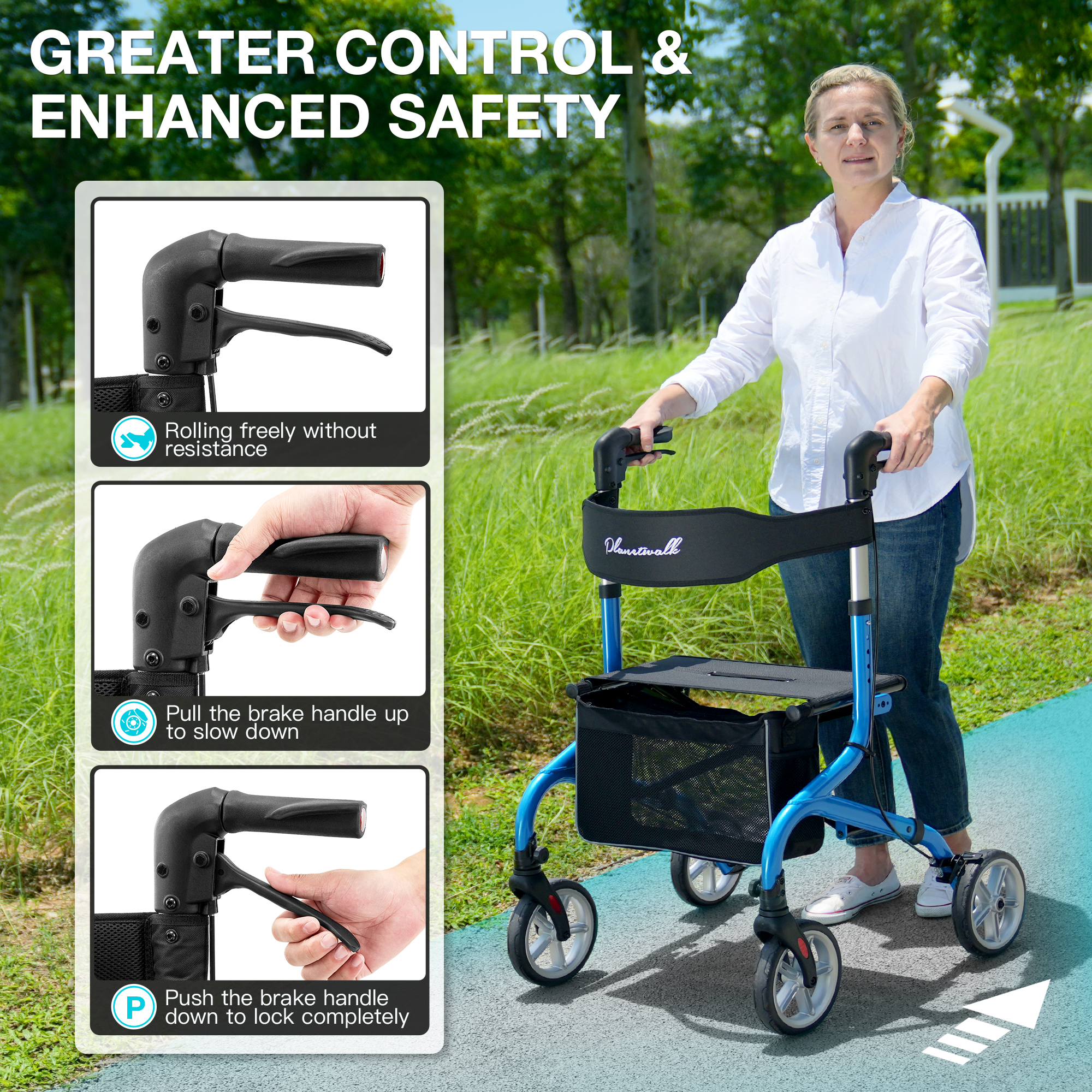 PLANET WALK Super Lightweight Rollator for Seniors, Foldable with Seat & 8" All-Terrain Wheels, Durable Aluminum Frame for Travel - Blue