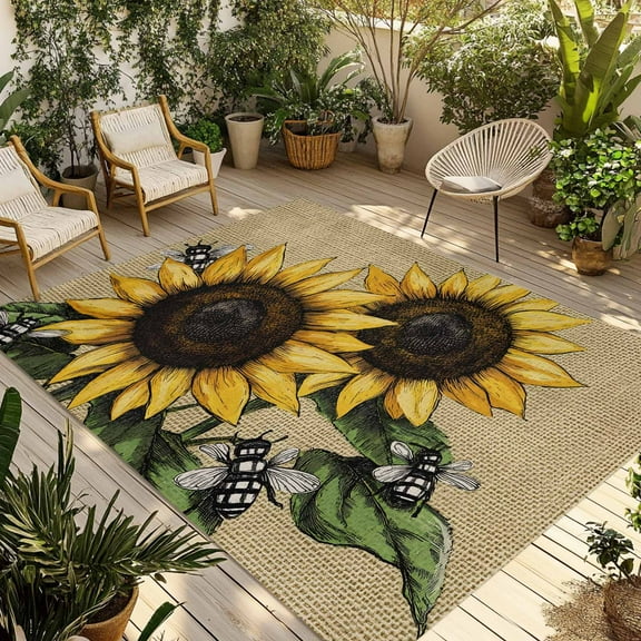 Fsddascl Sunflower Outdoor Rug for Patio/Deck/Porch, Non-Slip Large Area Rug 5 x 8 Ft, Vintage Bee Summer Botanical Rustic Indoor Outdoor Rugs Washable Area Rugs, Reversible Camping Rug Carpet