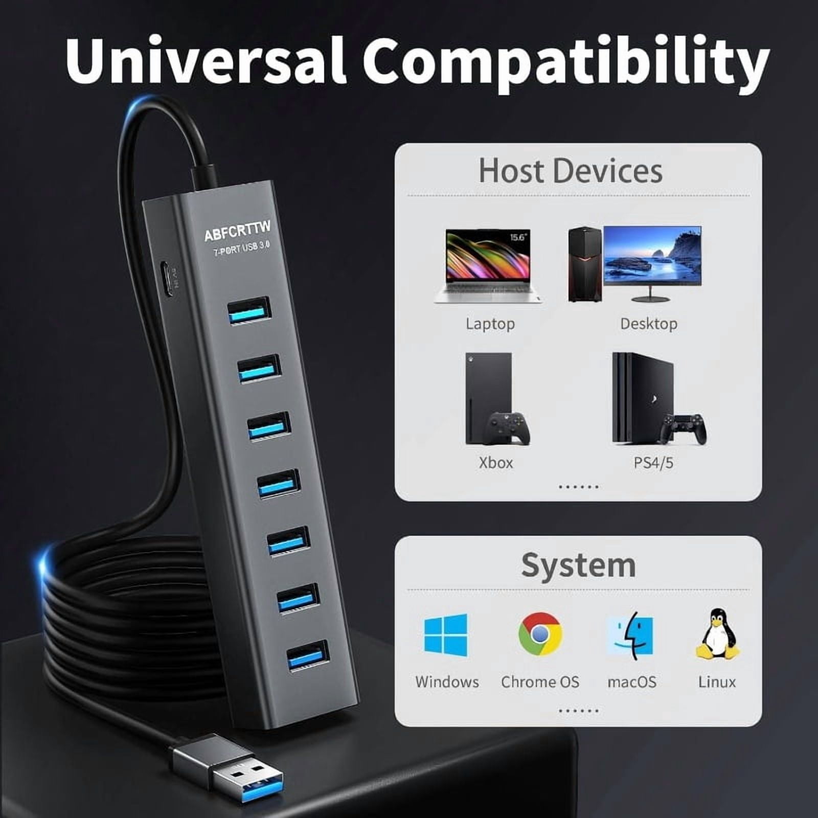 7-Port USB 3.0 Hub Compatible for USB- Devices - High-Speed 5Gbps USB Extender Hub with External Drives, Smartphones, Tablets - Plug-and-Play Desktop USB Splitter (No External Power Required)