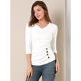 thumbnail image 3 of Top acanalado de decoración de los botones de punto sólido de las mangas del cuello en V de las mujeres 3/4 Blanco 3XL, 3 of 6