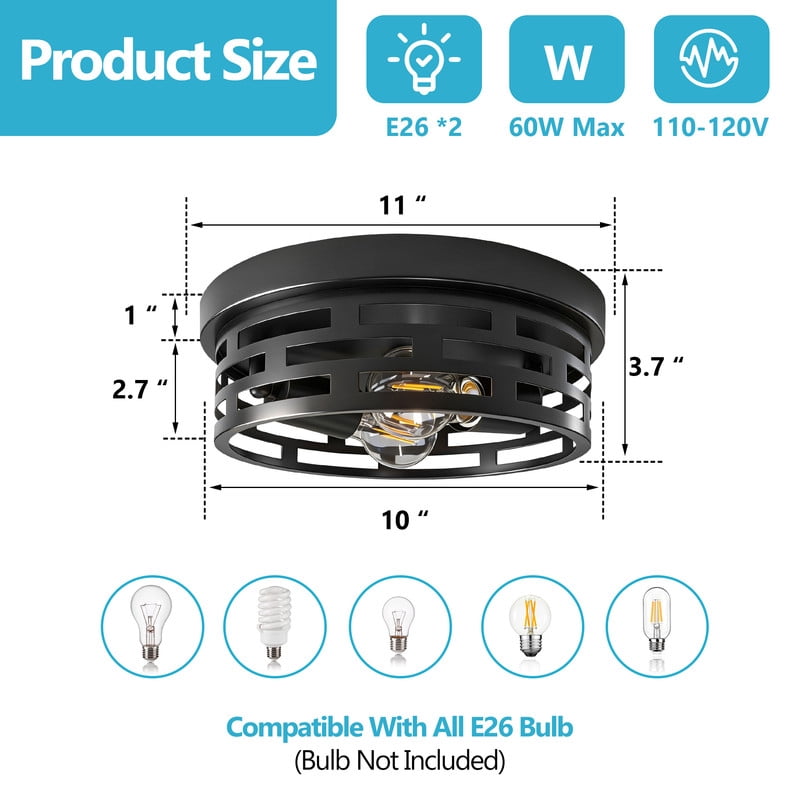 HKMGT Rustic 2-Light Flush Mount Ceiling Light, Matte Black Grid Pattern Frame, E26 Base, Round Close to Ceiling Light for Hallway, Entryway, Bedroom, Kitchen （2-Pack）