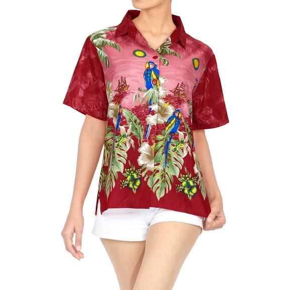 HAPPY BAY Women's Button Down Blouses Floral Summer Beach Party Blouse Shirt Colourful Short Sleeve Vacation Dress Hawaiian Shirts for Women S Cardinal, Tropical Parrot