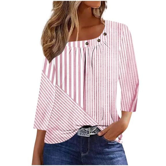 Jsaierl Tops for Women 3/4 Sleeve Casual Button Up Round Neck Shirts Fashion Graphic Petite Pleated Blouses Soft Elegant Tunic Top S-3XL