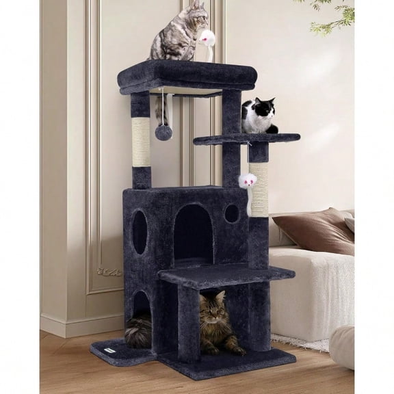 Cat Tree Tower for Indoor Cats 50-inch Adult Cat Tree House for Large Adult Cats with Steps Scratching Post 2 Cat Caves Dangling Toys FC50 Dark Grey