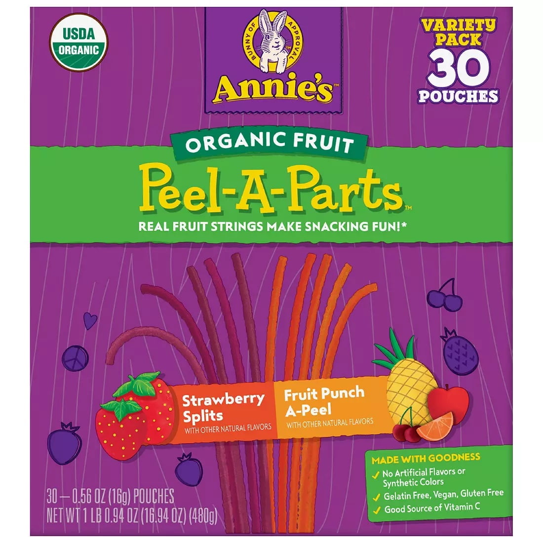 Annie's Organic Strawberry and Fruit Punch Peel-A-Parts Fruit Strings Variety Pack, 30 ct