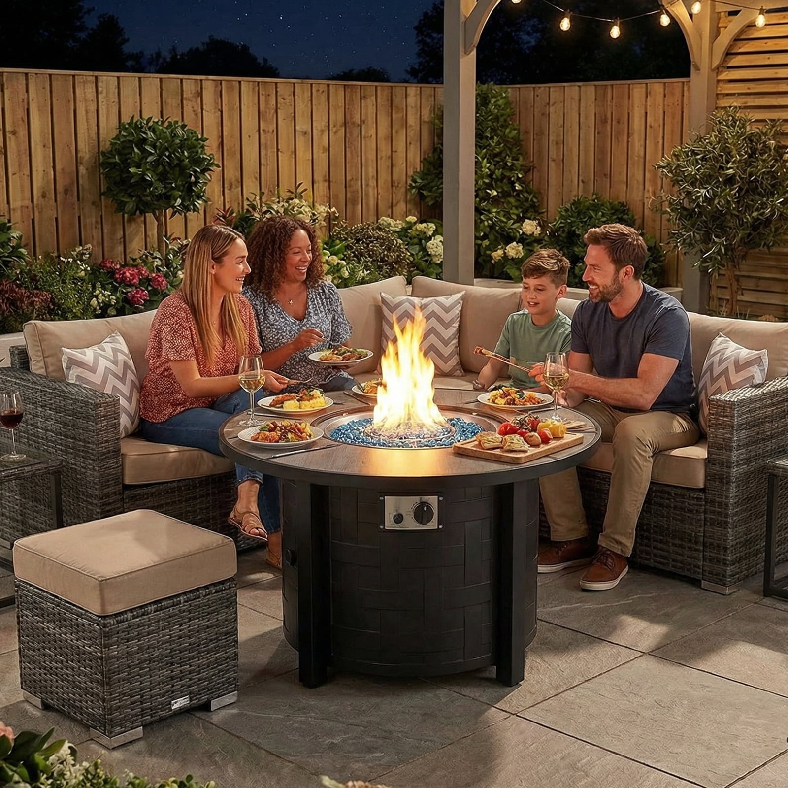TLGREEN 42" Propane Fire Pit Table with Lid, 50,000 BTU Auto-Ignition Circular Gas Fire Pit for Outdoor, Includes Waterproof Cover & Blue Fire Glass (Gray)