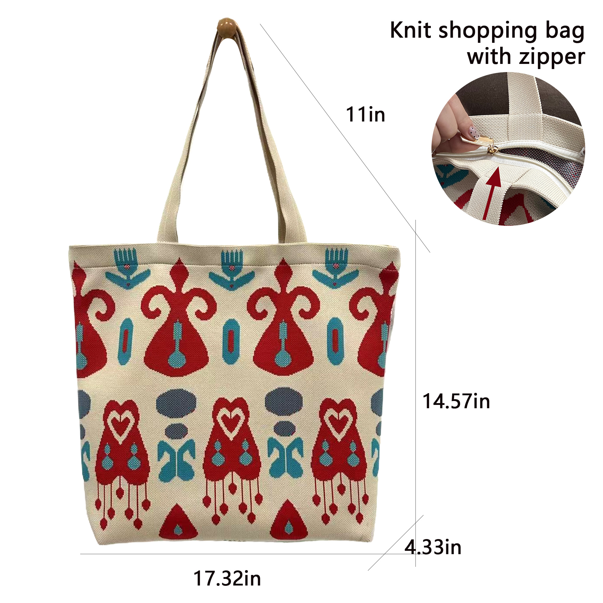 Crocheted Tote Bag Women's large foldable beach Bag Zipper Open fit medieval pattern shoulder bag ideal for shopping trips