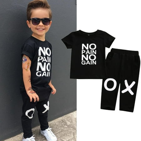 

Qtinghua Toddler Baby Boy Summer Clothes No Pain No Gain T-shirt Tops+Pants Casual Outfits Black 1-2 Years