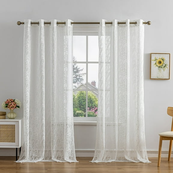 Sunyuer Lace Curtains for Bedroom Living-Room Wheat Embroidered Voile Drapes Light Filtering Wedding Lace Sheer Curtain Panels for Grommet Top, 2 Panels