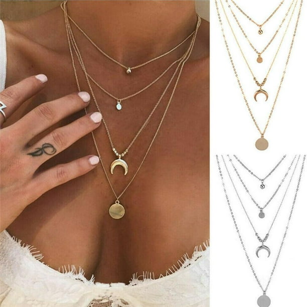 Layered Necklace for Women Moon Necklace Card Moon Pendant Silver