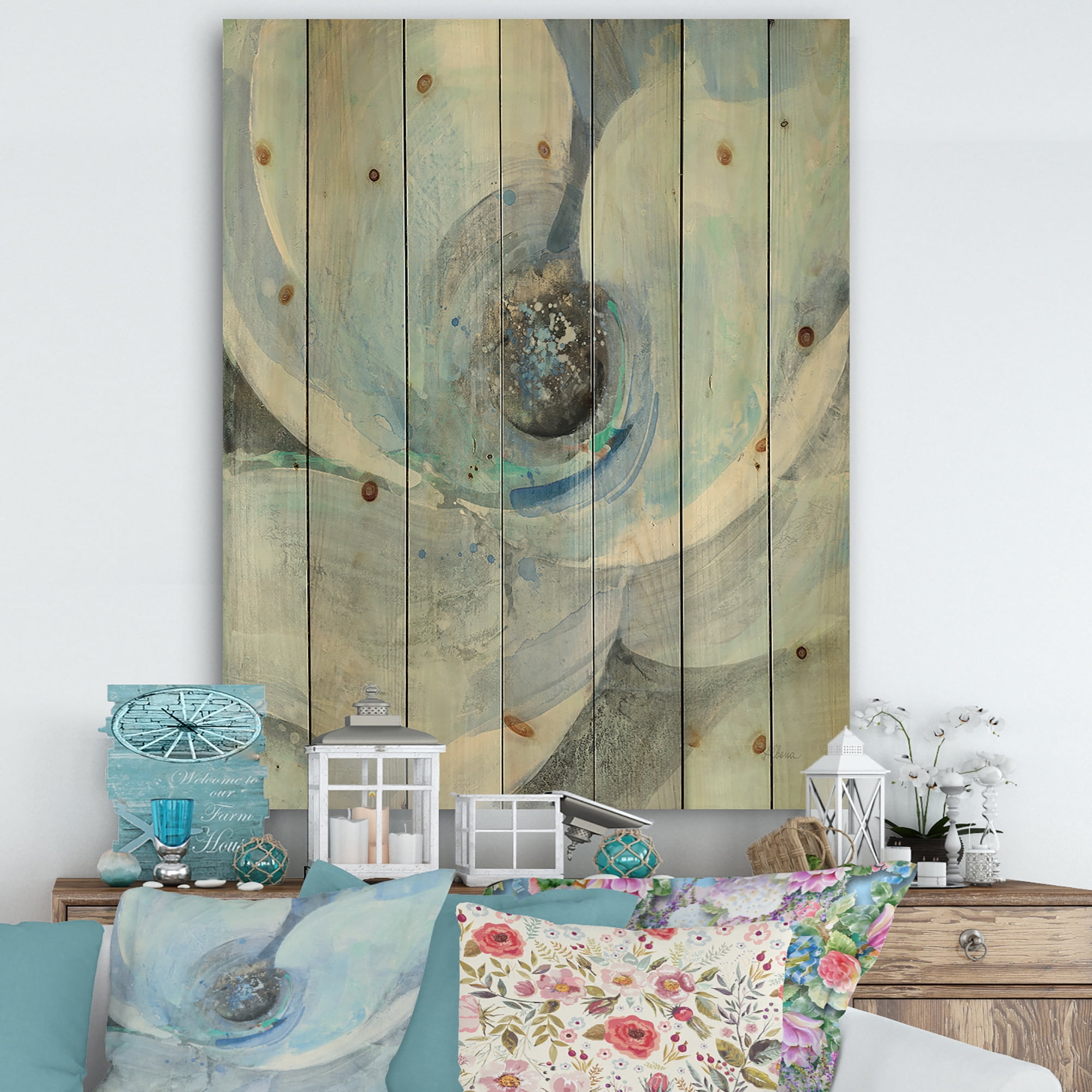 Designart 'Moonlight Watercolor Magnolia I' Farmhouse Print on Natural Pine Wood