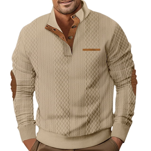 Men's Fashion Casual Hoodless Sweatshirt Long Sleeve Stand Button Comfortable Relaxed Solid Color Pullover