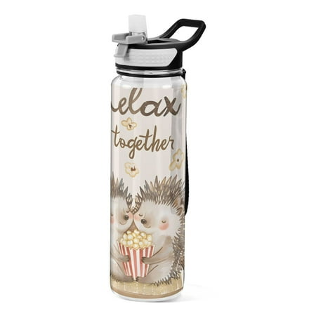 

Lovely Hedgehogs on Sofa with Popcorn Transparent Sports Water Bottle with Straw BPA Free Tritan 32oz for Gym Camping