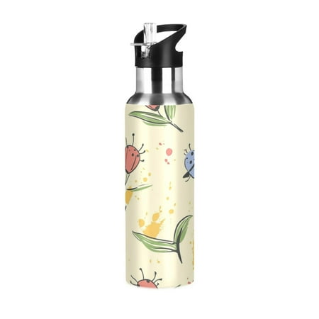 

600/1000ML Stainless Steel Sport Water Bottle with Straw Lid Leak Proof Vacuum Insulated Mug for Outdoor Activities Cycling Running & Walking Cartoon Ladybugs