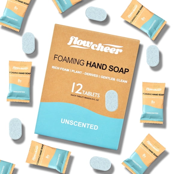 flowcheer Pastillas de jabón de manos espumoso, recambios sin fragancia, paquete de 12, hace 96 fl oz (12 botellas de 8 fl oz), sin perfume, recambios de jabón para manos, pastillas para cero residuos