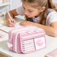 thumbnail image 3 of Big Capacity Pencil Case with 3 Compartments, Large Pencil Pouch Pen Bag Organizer for Office Essentials,Pink, 3 of 7