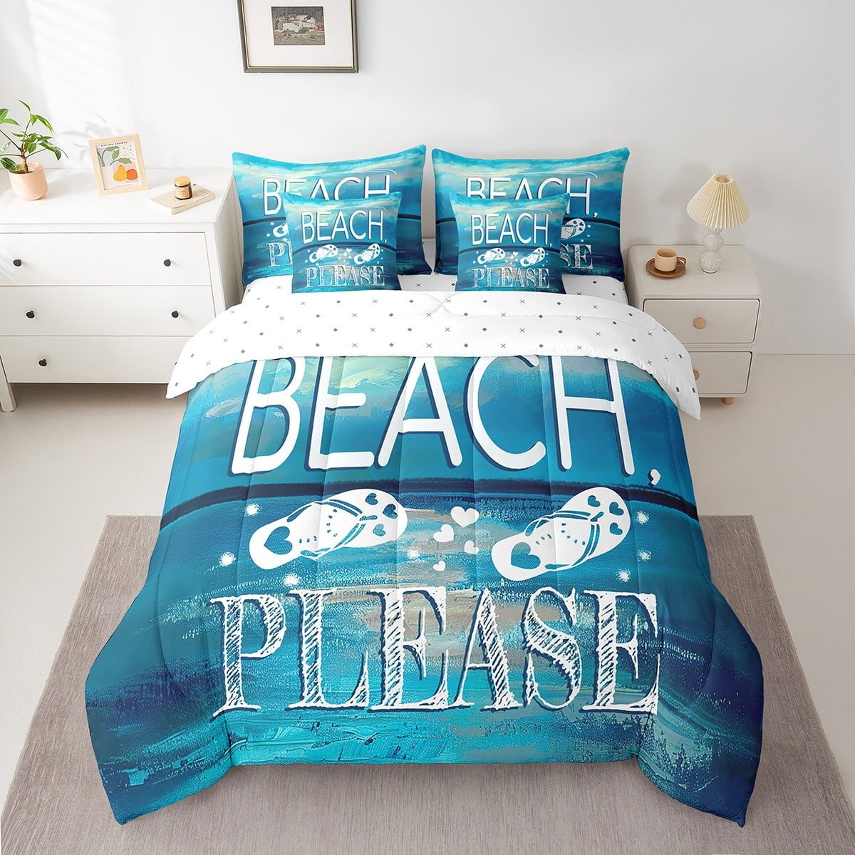 Summer Beach Comforter Set 7 Piece Bed in a Bag Twin,Hawaii Flip Flops Bedding Set Sea Palm Tree Sheet Sets with Comforter Blue Ocean Bed Set,The Lake House Farmhouse Decor