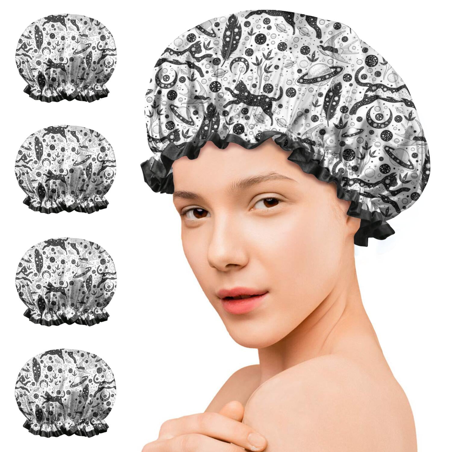 Shower Caps,White Planet Cat Feather Pattern Waterproof Shower Cap for Women 4 Pieces,Double Reusable Hair Cover for Shower PEVA Elastic Stretch Hem
