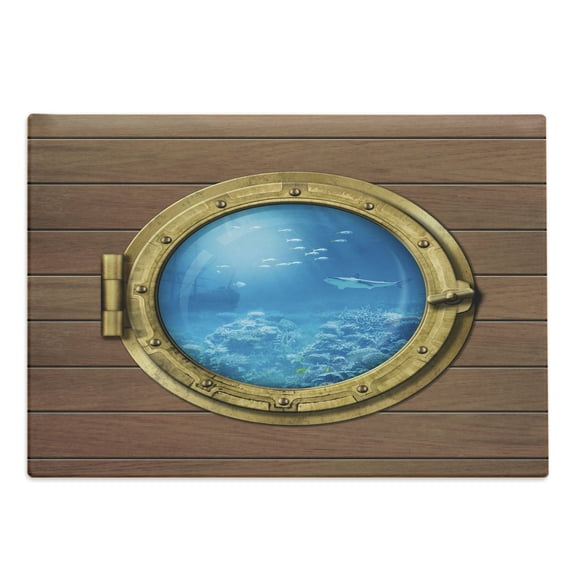 Shark Cutting Board, Submarine Chamber Window with a View of Coral Reef Swimming Fishes, Decorative Tempered Glass Cutting and Serving Board, Large Size, Pale Caramel Blue Yellow, by Ambesonne