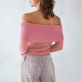 thumbnail image 3 of Fortune Women Off Shoulder Sweater Mesh Knit Cropped Pullover Solid Color Long Sleeve Slim Fit Crop Top, 3 of 7
