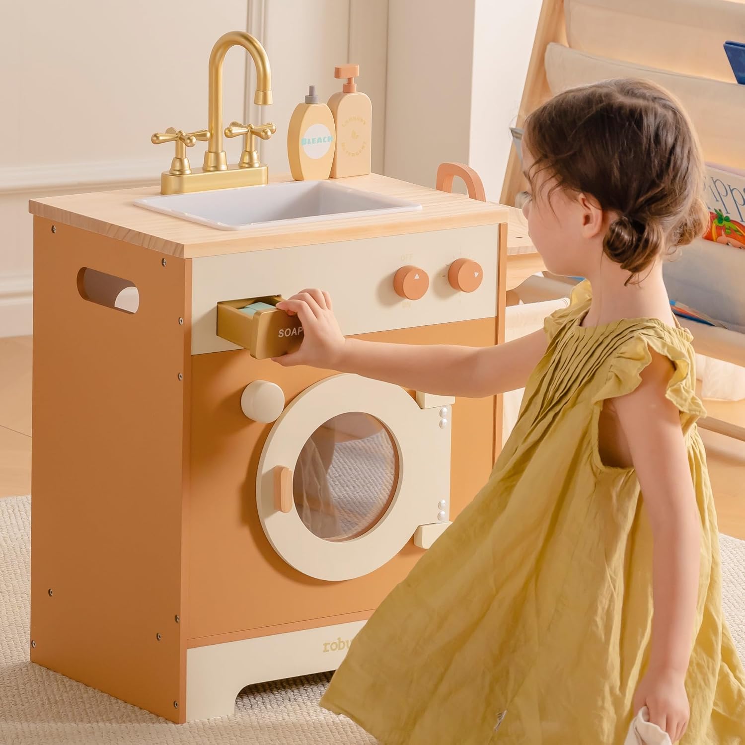 Robud Kitchen Washer Playset Pretend Play Toy Washing Machine with Clothes Basket, Iron and Sink for Kids Age 3+,Caramel