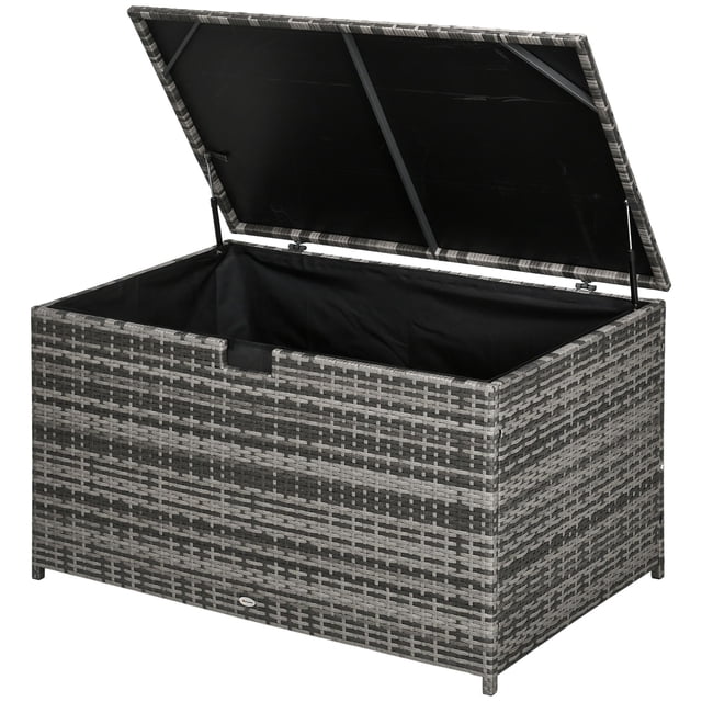 113 Gallon Outdoor Rattan Deck Box, Grey PE Wicker Storage Container with Waterproof Liner and Pneumatic Lift, 46.1" L for Patio, Garden, Poolside, and Backyard Use
