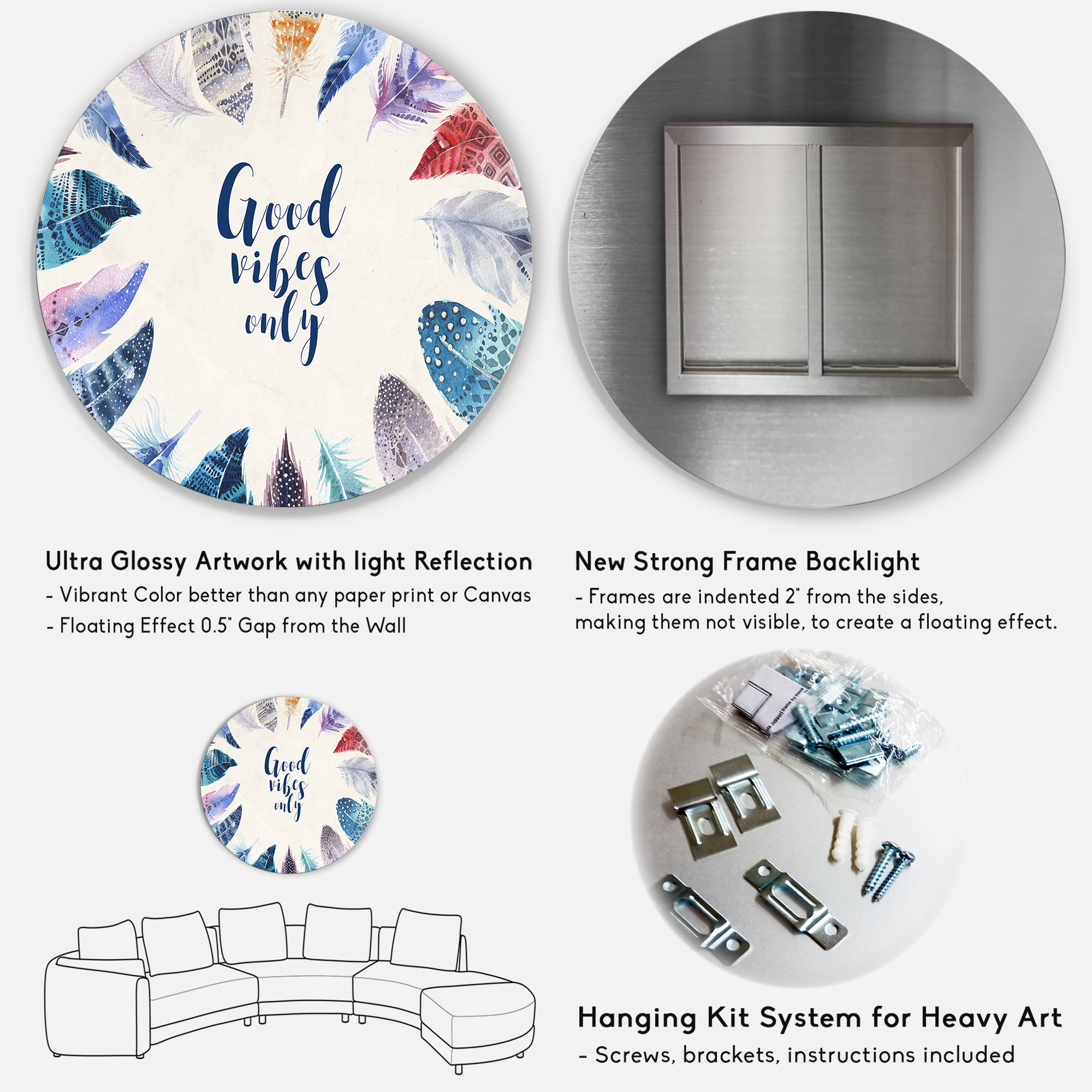 Designart 'Good VIbes Only Under Vibrant Blue Feathers' Bohemian & Eclectic Circle Metal Wall Art 29x29 - Disc of 29