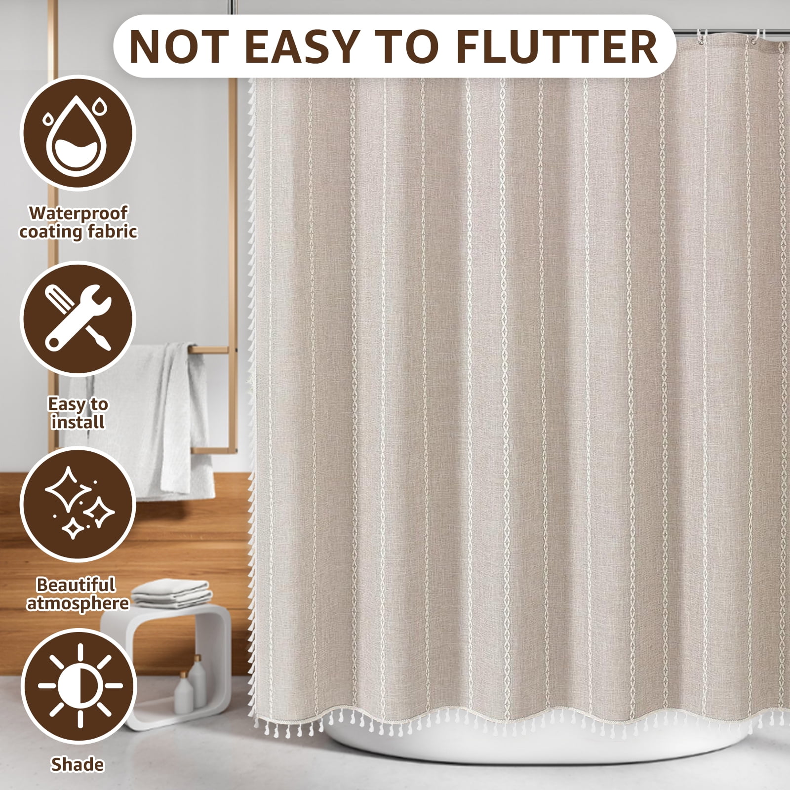 Dznils Boho Tassel Shower Curtain with Hooks, Farmhouse Thick Cloth Linen Fabric Bathroom Curtain, Cream, 72" x 72"