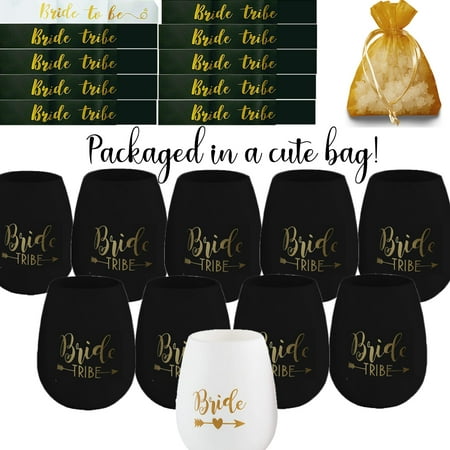 Bride Tribe Bachelorette Party Set:  1 Bride White Silicone Wine Cup, 9 Bride Tribe Black Silicone Wine Cups, 1 Bride to Be White Sash, 9 Bride Tribe Black Sash in Cute (Best Bride To Be)