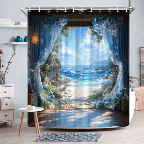 Curtain Window Sea View Blue Hydrangea Beach Shower Curtain With Hooks Coastal Ocean Bathroom Decor