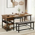 thumbnail image 1 of Dining Table Set for 4, Retro Dining Table Set with 2 Upholstered Benches, Storage Drawers & Wine Rack for Apartment, Small Space, 1 of 7