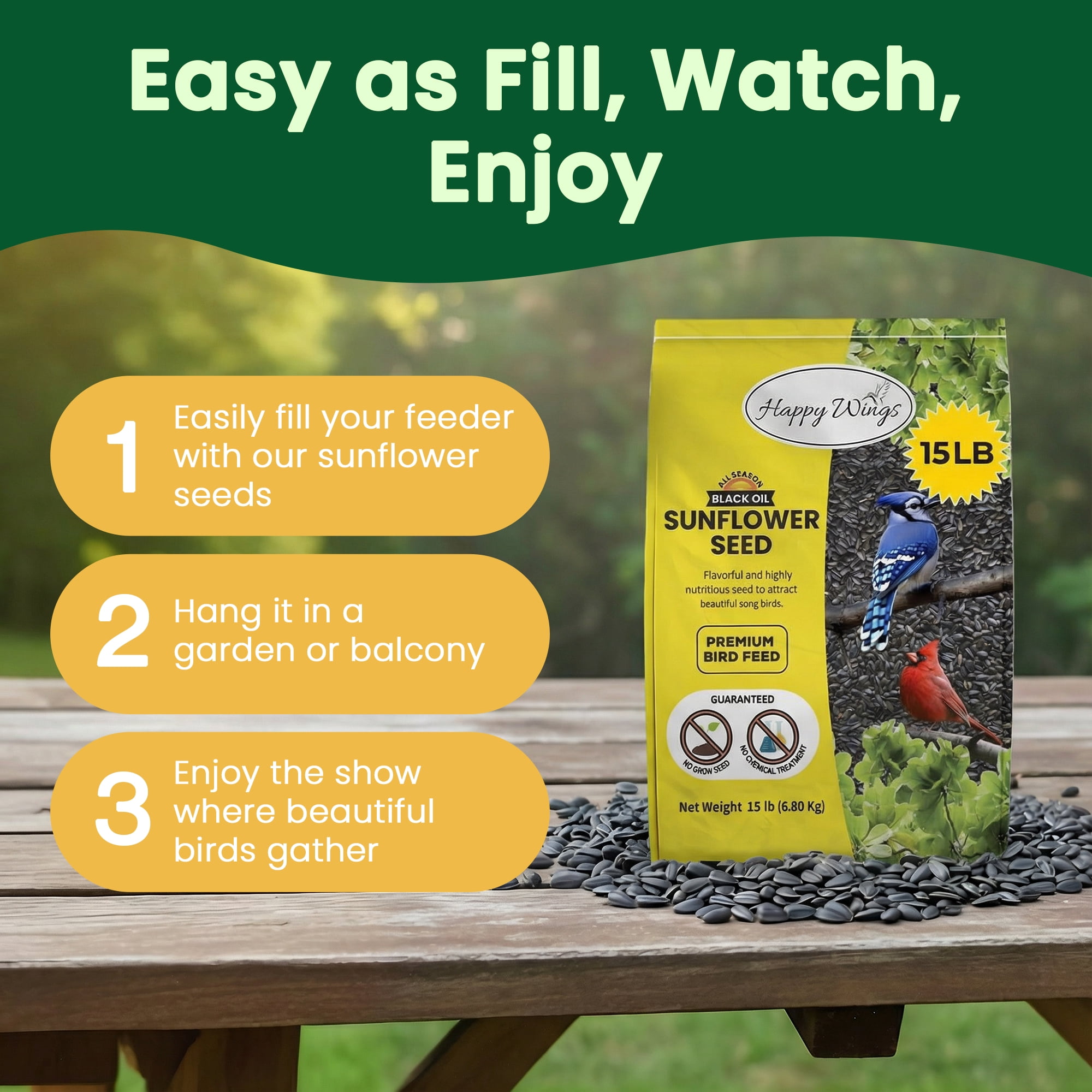Happy Wings Black Oil Sunflower Bird Food, No Growth Seed, New 15 lb. Bag