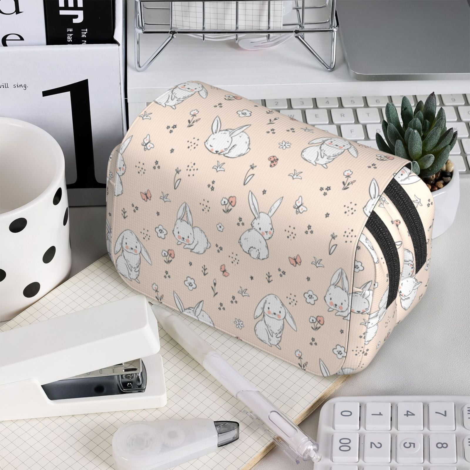 Rateoe Cute Rabbit Pattern Double Clamshell Pen Case, Storage Organizer with Two Zipper Compartments– Holds Up to 50 Pencils & Pens
