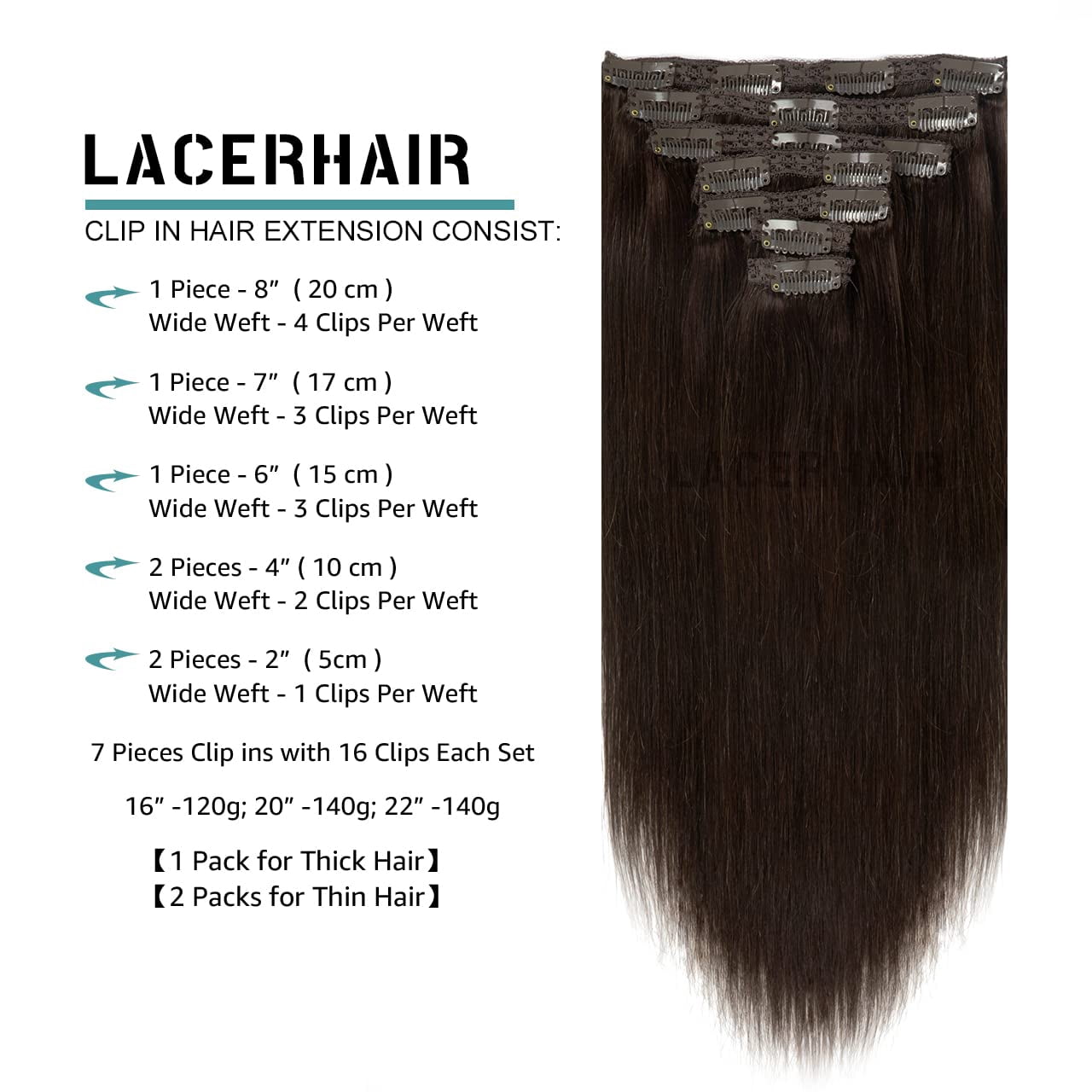 Lacer Hair Extensions Clip in Human Hair, 18 Inch 140g 7pcs Clip in Hair Extensions Real Human Hair, Warm Dark Brown Human Hair Extensions Clip Ins Double Weft