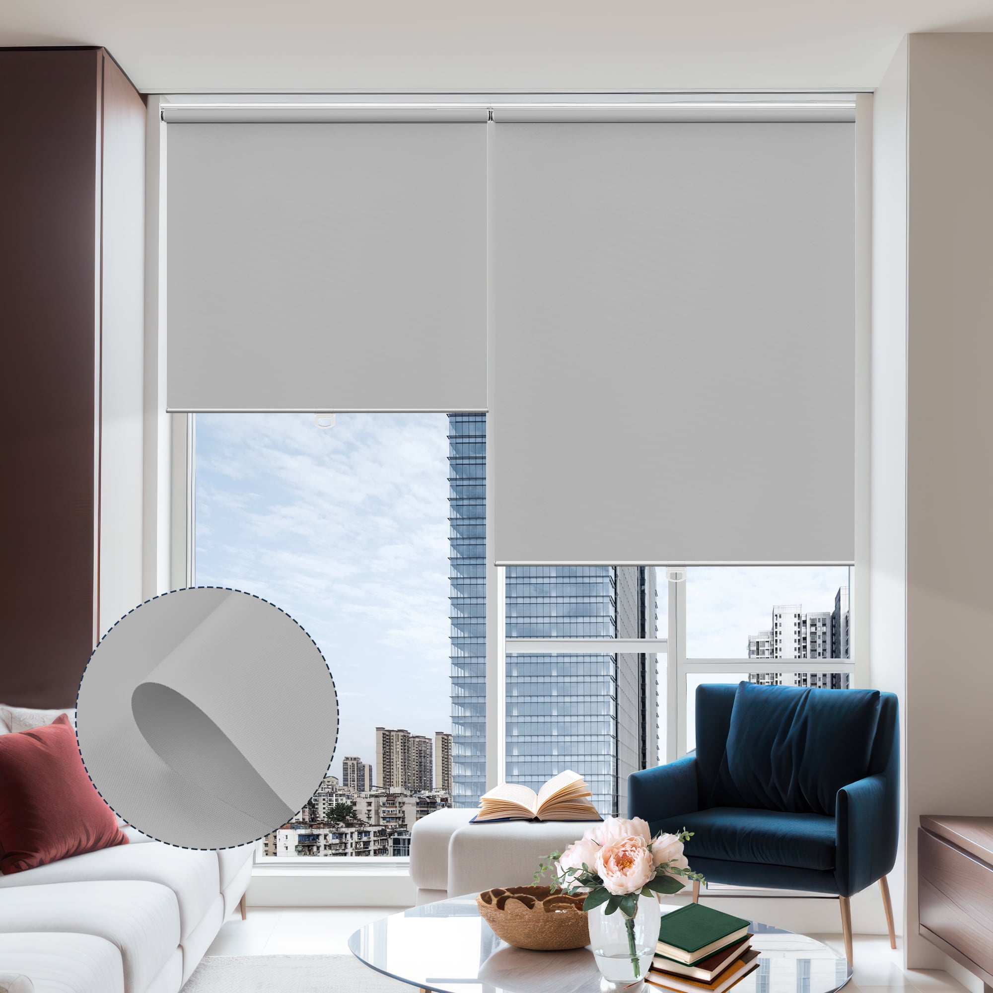 Keego Cordless Roller Blinds for Window 100% Blackout Privacy Bedroom Shade UV Protection Blinds for Office and Home, Light Gray, 34"W x 64"H