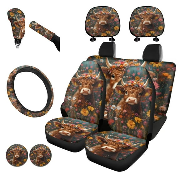 Garronmavis Highland Cow Universal Car Seat Covers Full Set Floral Pattern Steering Wheel Wrap Gear Shift Cover Handbrake Sleeve Headrest Protectors Cup Coasters Auto Interior Accessiores