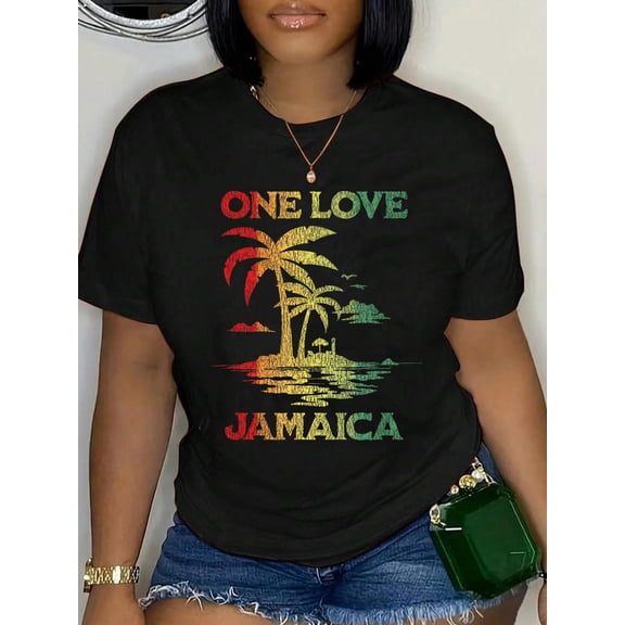 Cotton One Love Jamaica Gift Caribbean Vacation Reggae T-Shirt Women's Graphic Tee Casual Tops