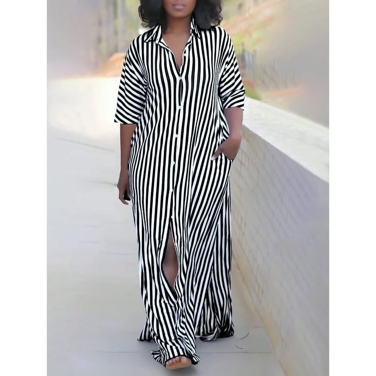 Plus Size Women's Shirt Dress  Striped and Floral Print Button Down Casual  Work Outfit - Walmart.com