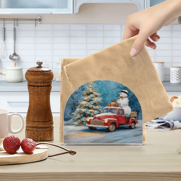 Standing Dining Table Napkin Holder, Napkin Holder for Table Kitchen Acrylic Paper Tissue Organization, Christmas Snowman in A Red Truck