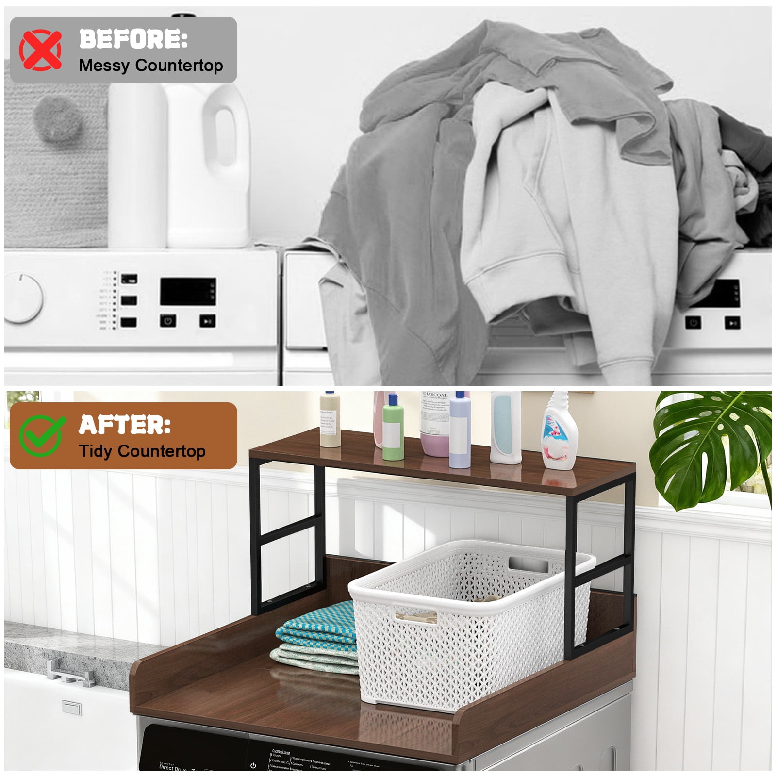 Anti-Slip Washer Dryer Countertop, 27.5" x 27" Heavy Duty Laundry Shelf with Silicone Strips & Edge Rails, Secure Top for Vibrating Machines