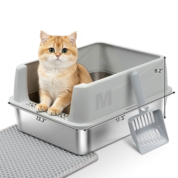Kovryx Cat Litter Box, Stainless Steel High-Sided, 17.3 x 13.3 Inches, 8.2-Inch Deep, with Litter Scoop and Mat
