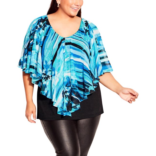 avenue Womens Mira Overlay Print with Necklace Shell Blouse, navy, Plus Size, 18W