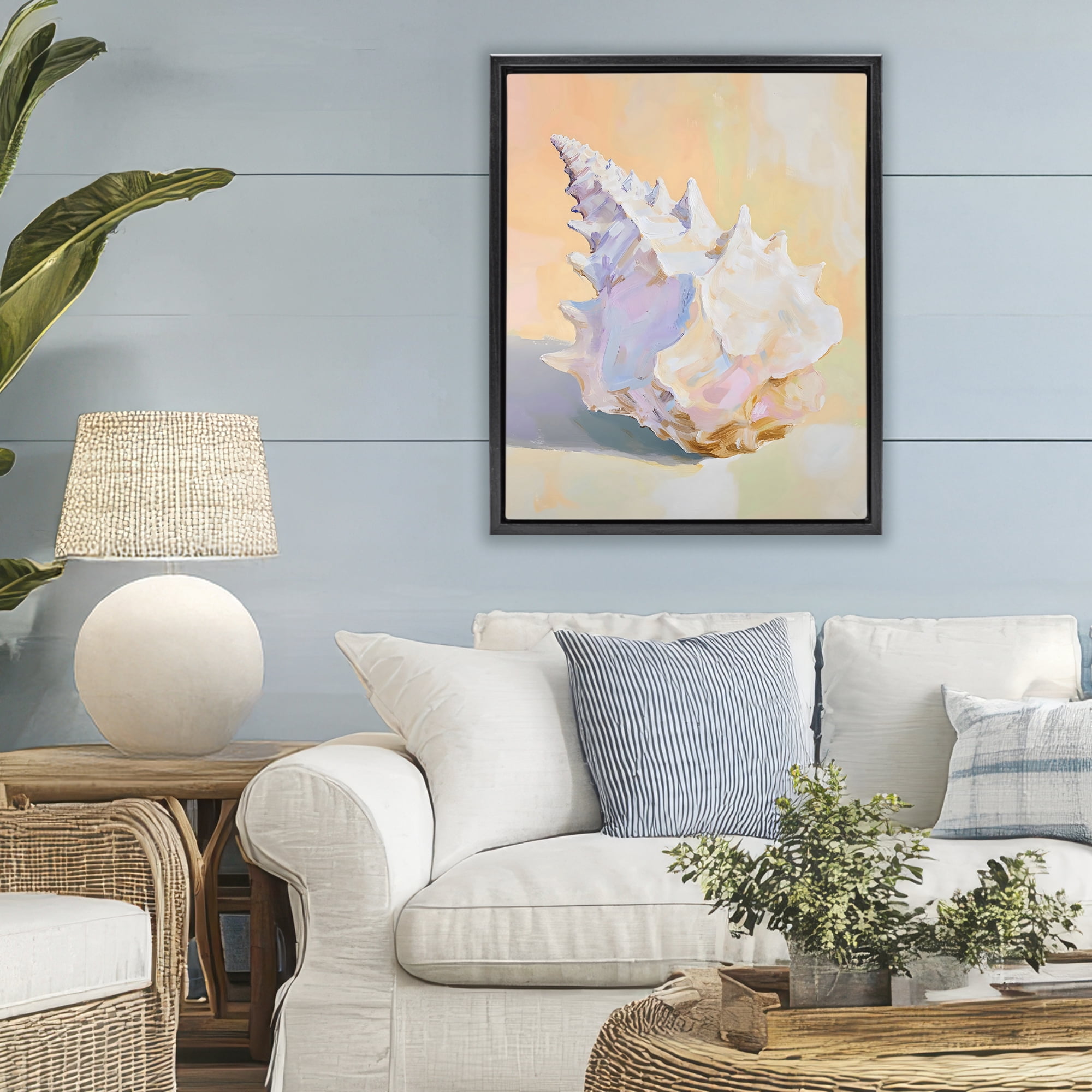 Stupell Industries Vintage Shell in Pastel Light Black Framed Floater Canvas Wall Art, design by The Prints Vibe