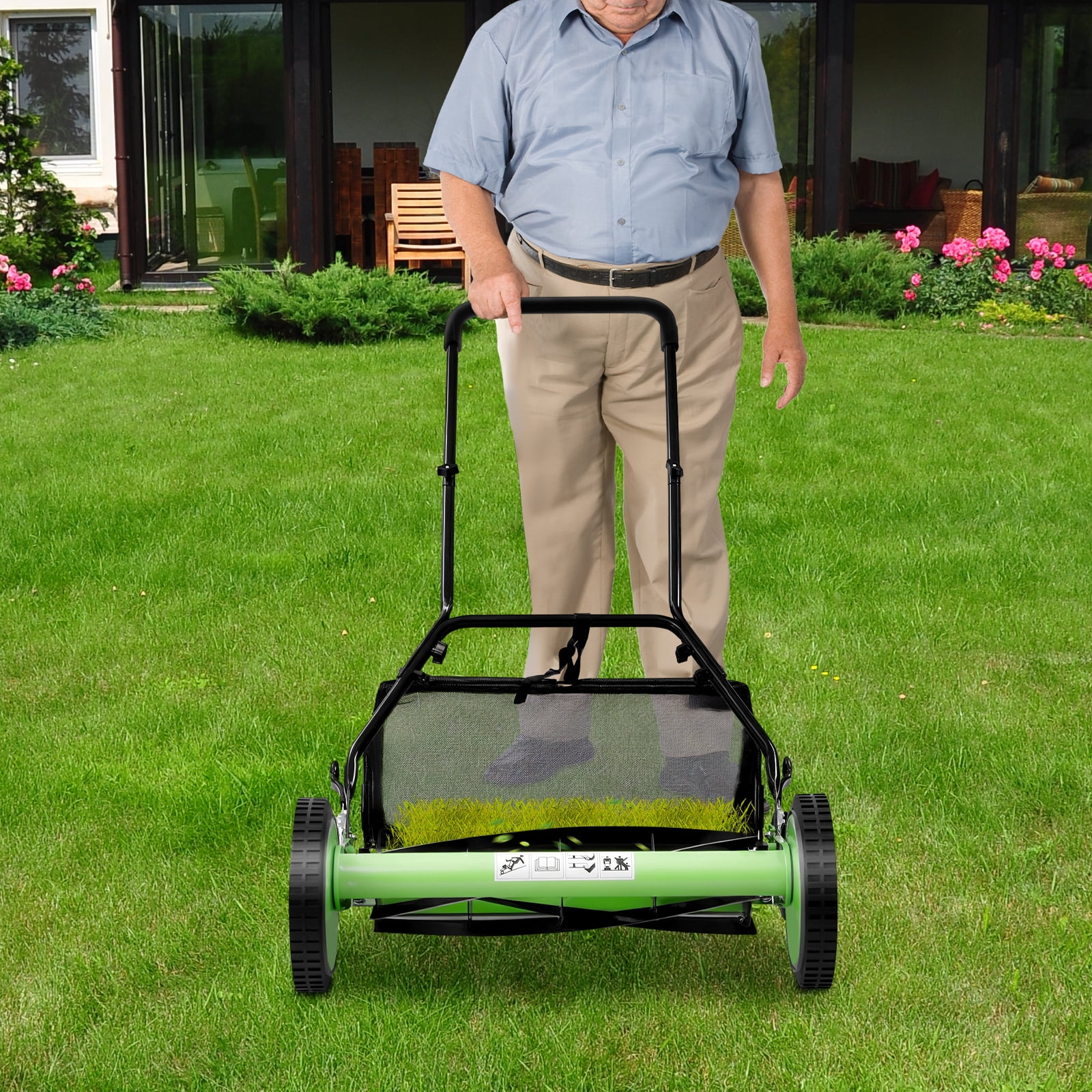 20 Inch Manual Reel Lawn Mower with Grass Catcher - 9-Gear Adjustable Push Mower 1.33-2.51" Cutting Height, Eco-Friendly Quiet Hand Powered Mower for Small-Medium Yards